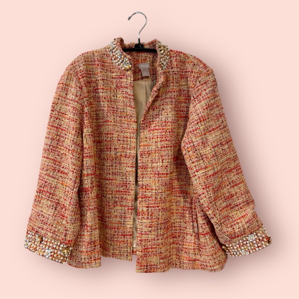 Chico’s tweed design, embellished faux-pearl “excellent condition”